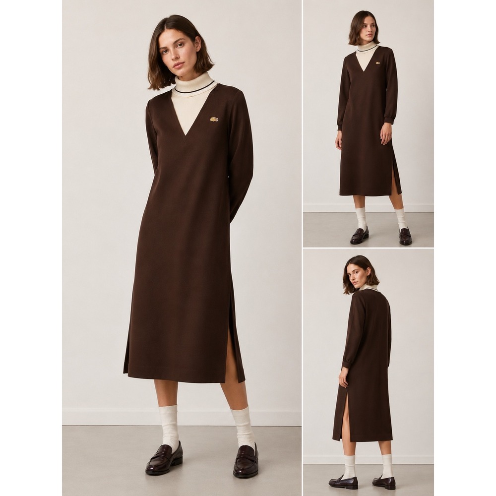 Lacoste David Crystal VTG Preppy Mod Brown Long Sleeve Pique Knit Dress Womens 8